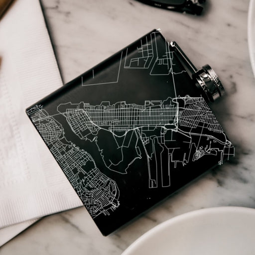 Bayonne New Jersey Custom Engraved City Map Inscription Coordinates on 6oz Stainless Steel Flask in Black