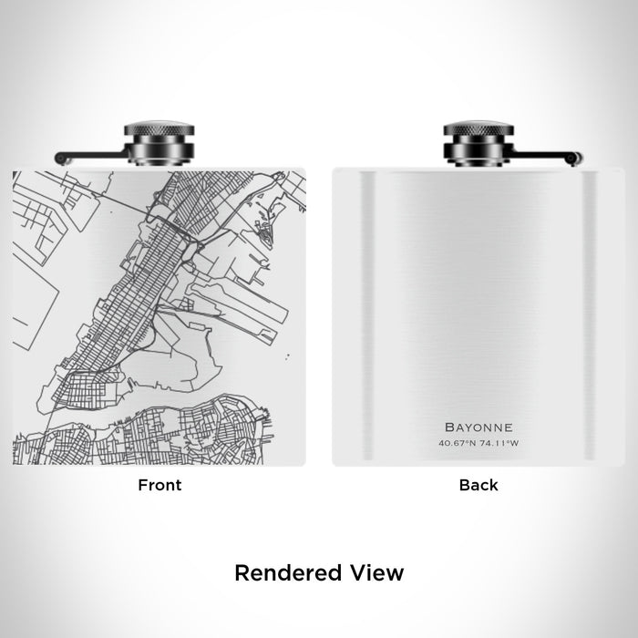 Rendered View of Bayonne New Jersey Map Engraving on 6oz Stainless Steel Flask in White