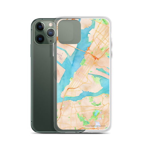 Custom Bayonne New Jersey Map Phone Case in Watercolor on Table with Laptop and Plant