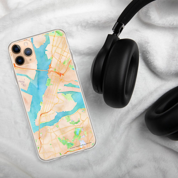 Custom Bayonne New Jersey Map Phone Case in Watercolor on Table with Black Headphones