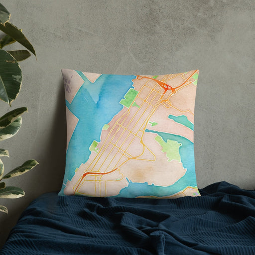 Custom Bayonne New Jersey Map Throw Pillow in Watercolor on Bedding Against Wall