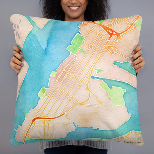 Person holding 22x22 Custom Bayonne New Jersey Map Throw Pillow in Watercolor