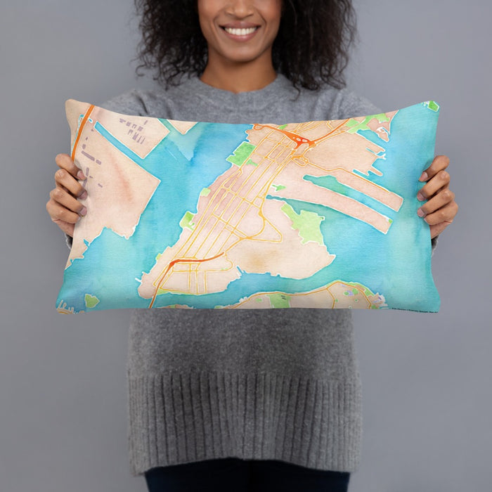 Person holding 20x12 Custom Bayonne New Jersey Map Throw Pillow in Watercolor