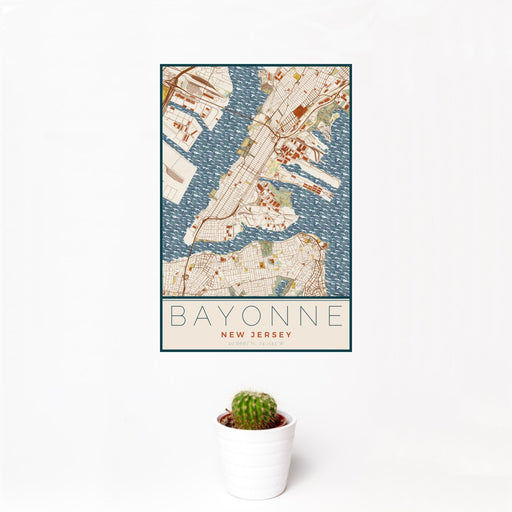 12x18 Bayonne New Jersey Map Print Portrait Orientation in Woodblock Style With Small Cactus Plant in White Planter