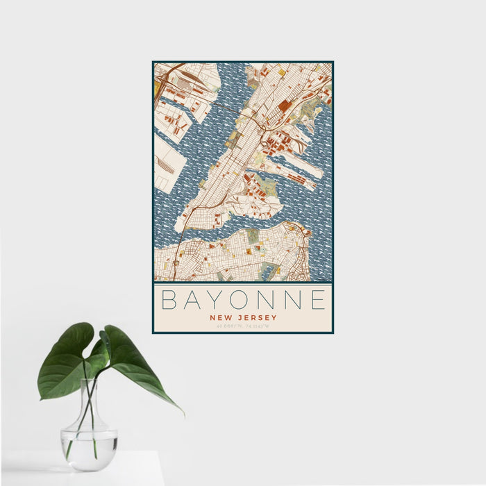 16x24 Bayonne New Jersey Map Print Portrait Orientation in Woodblock Style With Tropical Plant Leaves in Water