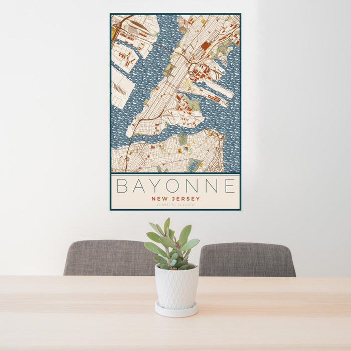 24x36 Bayonne New Jersey Map Print Portrait Orientation in Woodblock Style Behind 2 Chairs Table and Potted Plant