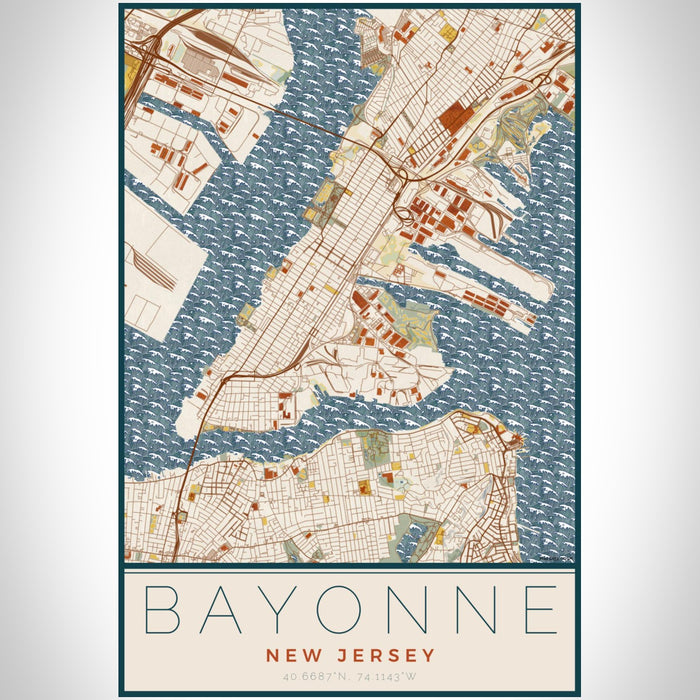 Bayonne New Jersey Map Print Portrait Orientation in Woodblock Style With Shaded Background