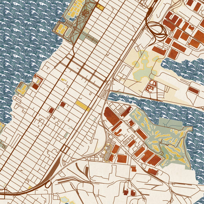Bayonne New Jersey Map Print in Woodblock Style Zoomed In Close Up Showing Details