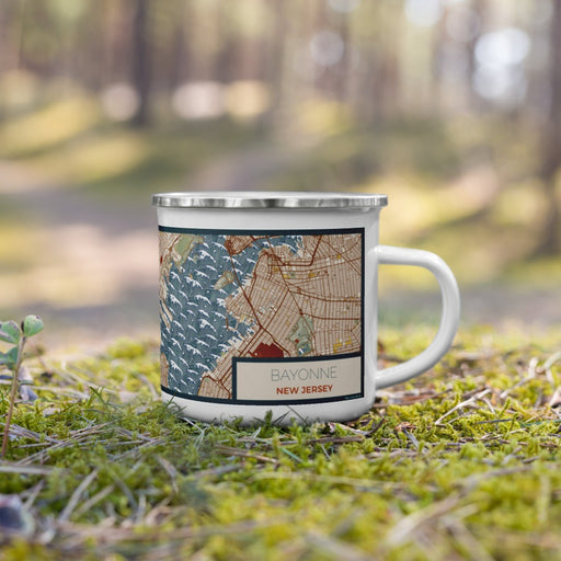 Right View Custom Bayonne New Jersey Map Enamel Mug in Woodblock on Grass With Trees in Background