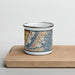 Front View Custom Bayonne New Jersey Map Enamel Mug in Woodblock on Cutting Board