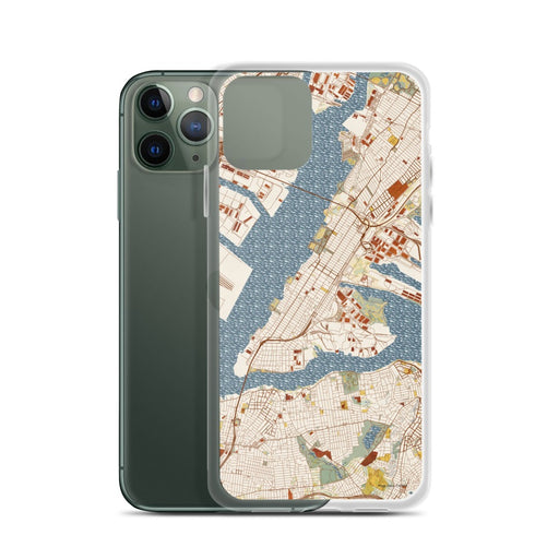 Custom Bayonne New Jersey Map Phone Case in Woodblock on Table with Laptop and Plant