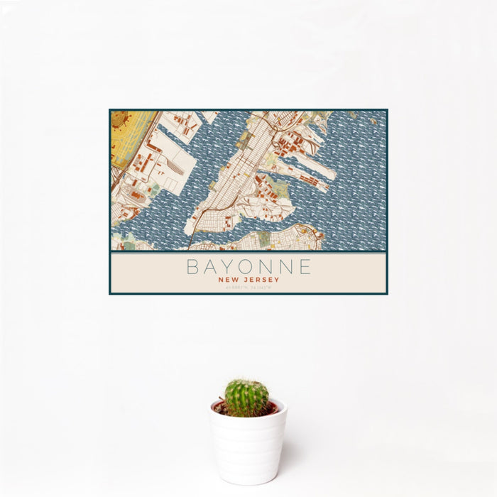 12x18 Bayonne New Jersey Map Print Landscape Orientation in Woodblock Style With Small Cactus Plant in White Planter