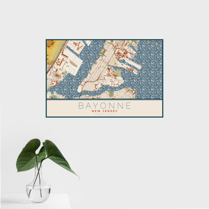 16x24 Bayonne New Jersey Map Print Landscape Orientation in Woodblock Style With Tropical Plant Leaves in Water