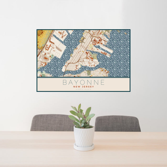 24x36 Bayonne New Jersey Map Print Landscape Orientation in Woodblock Style Behind 2 Chairs Table and Potted Plant