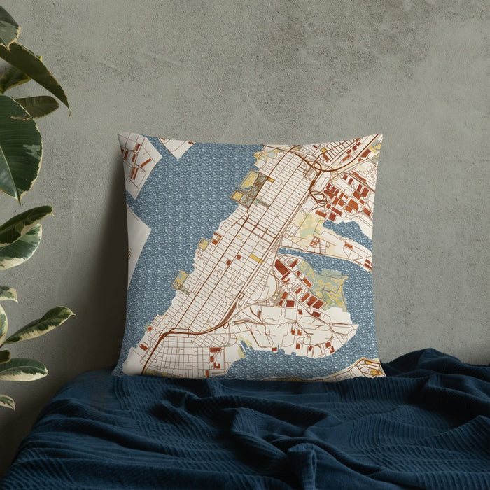 Custom Bayonne New Jersey Map Throw Pillow in Woodblock on Bedding Against Wall