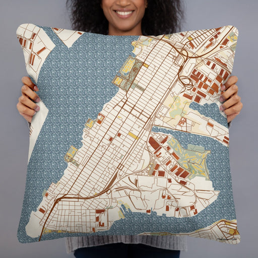 Person holding 22x22 Custom Bayonne New Jersey Map Throw Pillow in Woodblock