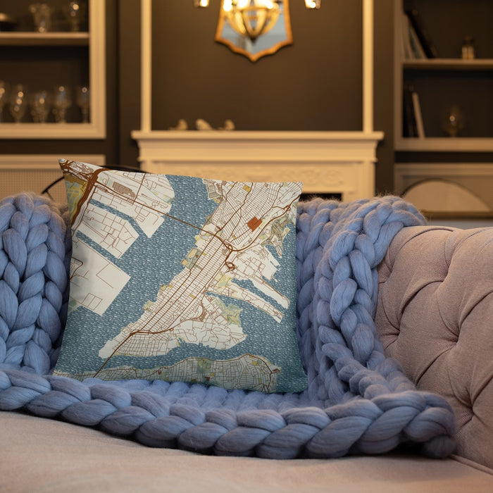 Custom Bayonne New Jersey Map Throw Pillow in Woodblock on Cream Colored Couch