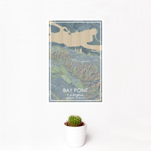 12x18 Bay Point California Map Print Portrait Orientation in Afternoon Style With Small Cactus Plant in White Planter