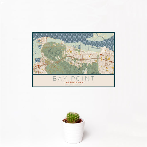 12x18 Bay Point California Map Print Landscape Orientation in Woodblock Style With Small Cactus Plant in White Planter