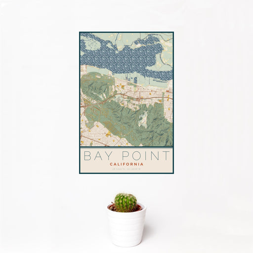 12x18 Bay Point California Map Print Portrait Orientation in Woodblock Style With Small Cactus Plant in White Planter