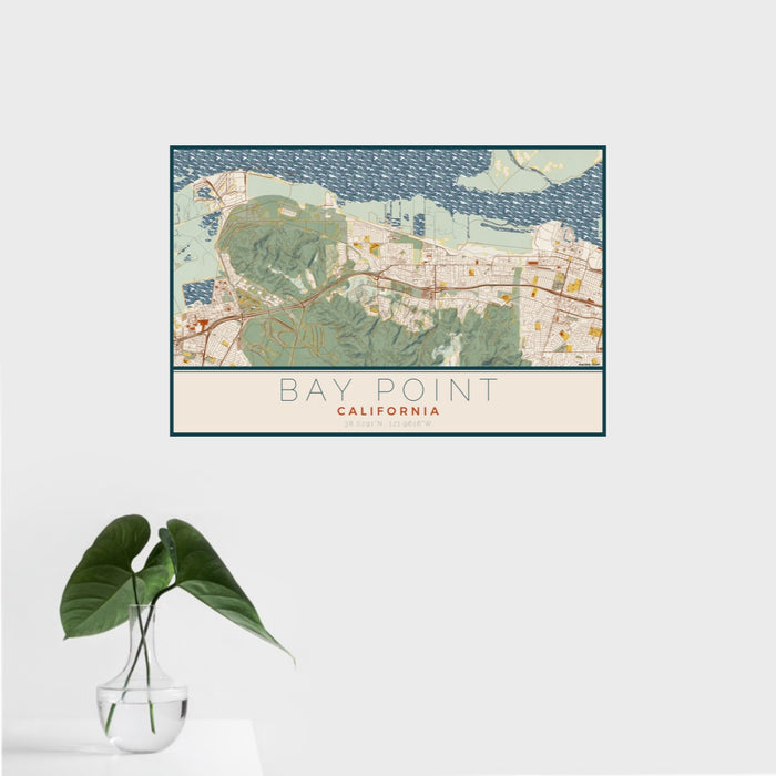 16x24 Bay Point California Map Print Landscape Orientation in Woodblock Style With Tropical Plant Leaves in Water