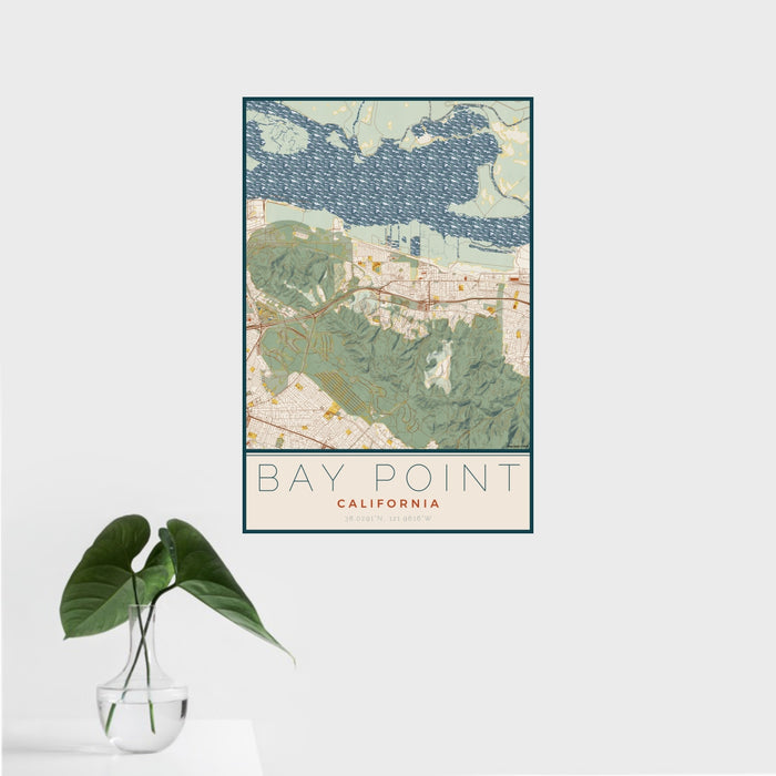 16x24 Bay Point California Map Print Portrait Orientation in Woodblock Style With Tropical Plant Leaves in Water