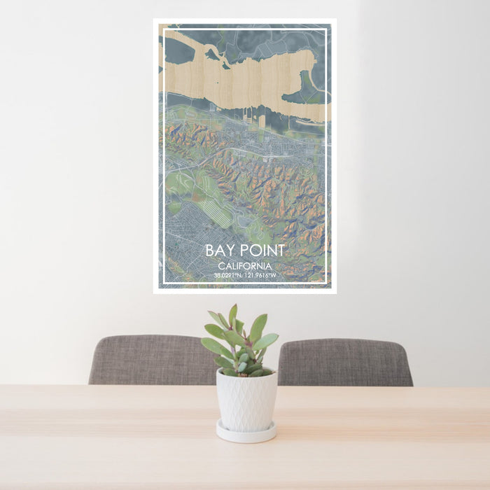 24x36 Bay Point California Map Print Portrait Orientation in Afternoon Style Behind 2 Chairs Table and Potted Plant