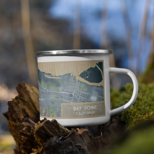 Right View Custom Bay Point California Map Enamel Mug in Afternoon on Grass With Trees in Background