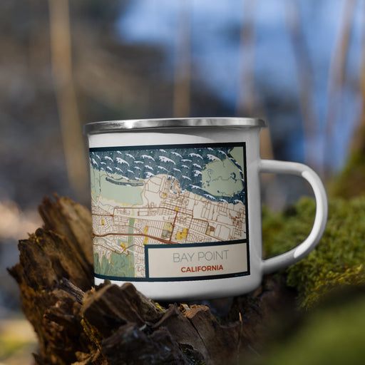 Right View Custom Bay Point California Map Enamel Mug in Woodblock on Grass With Trees in Background
