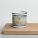 Front View Custom Bay Point California Map Enamel Mug in Woodblock on Cutting Board