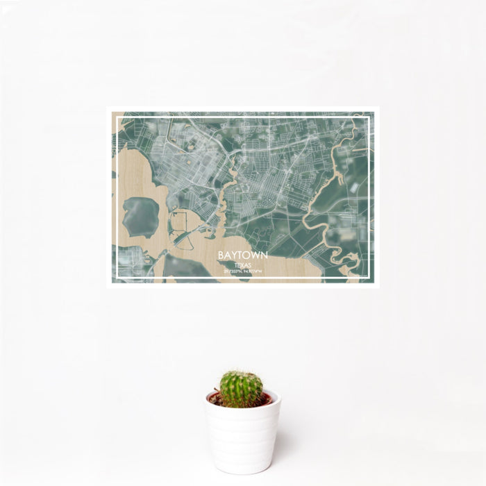 12x18 Baytown Texas Map Print Landscape Orientation in Afternoon Style With Small Cactus Plant in White Planter