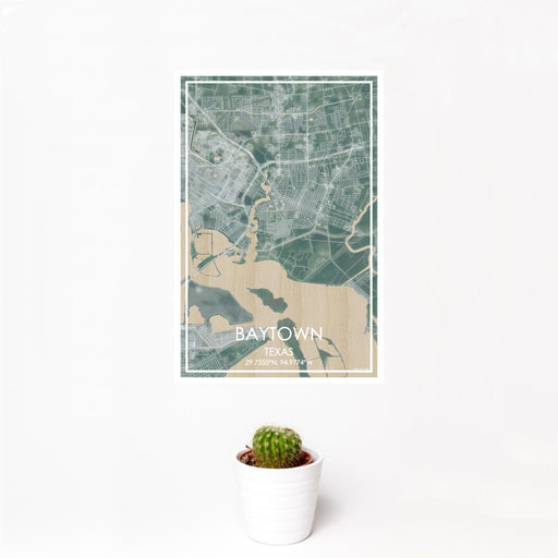 12x18 Baytown Texas Map Print Portrait Orientation in Afternoon Style With Small Cactus Plant in White Planter