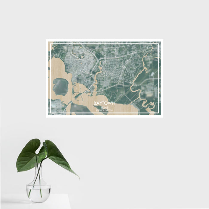 16x24 Baytown Texas Map Print Landscape Orientation in Afternoon Style With Tropical Plant Leaves in Water