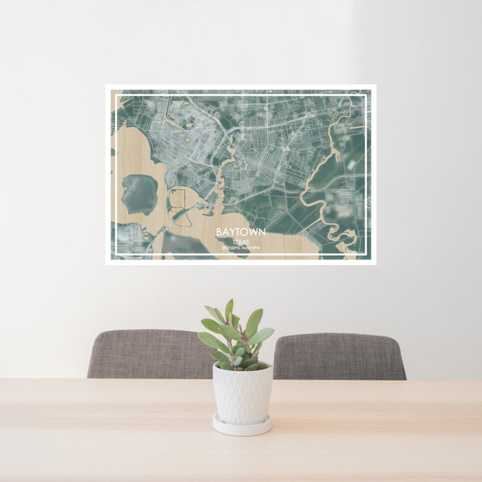 24x36 Baytown Texas Map Print Lanscape Orientation in Afternoon Style Behind 2 Chairs Table and Potted Plant