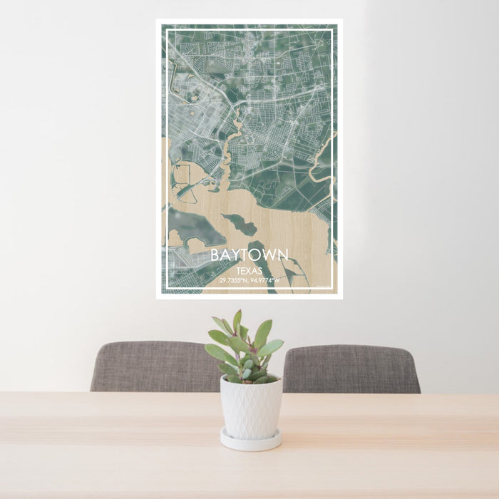 24x36 Baytown Texas Map Print Portrait Orientation in Afternoon Style Behind 2 Chairs Table and Potted Plant