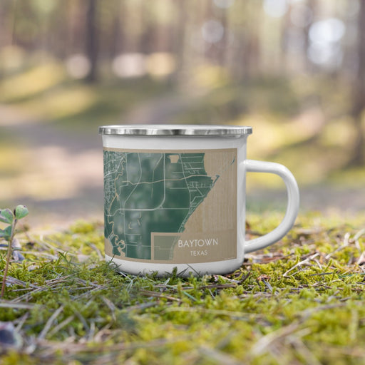 Right View Custom Baytown Texas Map Enamel Mug in Afternoon on Grass With Trees in Background