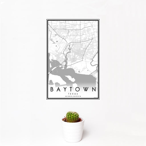 12x18 Baytown Texas Map Print Portrait Orientation in Classic Style With Small Cactus Plant in White Planter