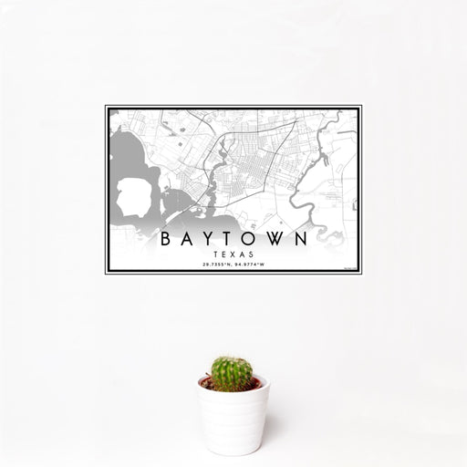 12x18 Baytown Texas Map Print Landscape Orientation in Classic Style With Small Cactus Plant in White Planter