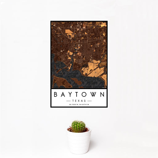 12x18 Baytown Texas Map Print Portrait Orientation in Ember Style With Small Cactus Plant in White Planter