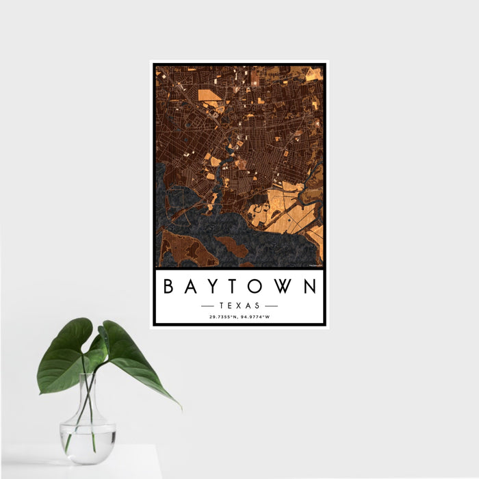 16x24 Baytown Texas Map Print Portrait Orientation in Ember Style With Tropical Plant Leaves in Water
