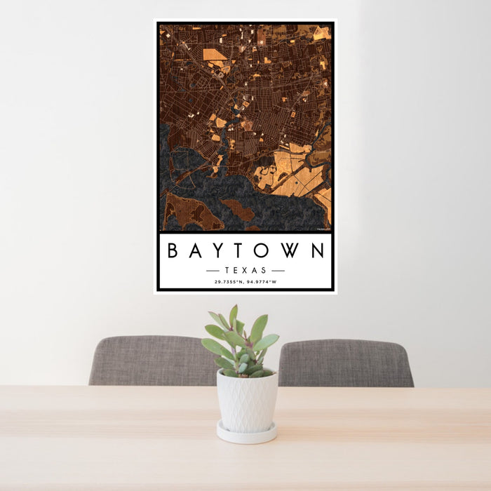 24x36 Baytown Texas Map Print Portrait Orientation in Ember Style Behind 2 Chairs Table and Potted Plant