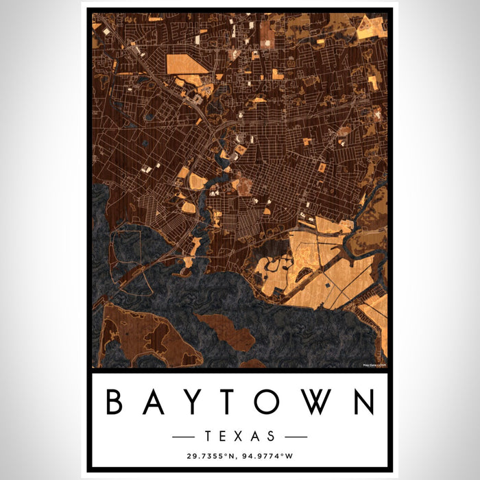 Baytown Texas Map Print Portrait Orientation in Ember Style With Shaded Background