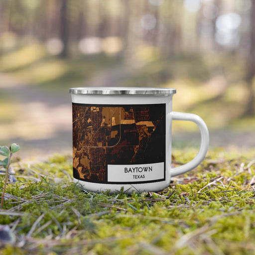 Right View Custom Baytown Texas Map Enamel Mug in Ember on Grass With Trees in Background