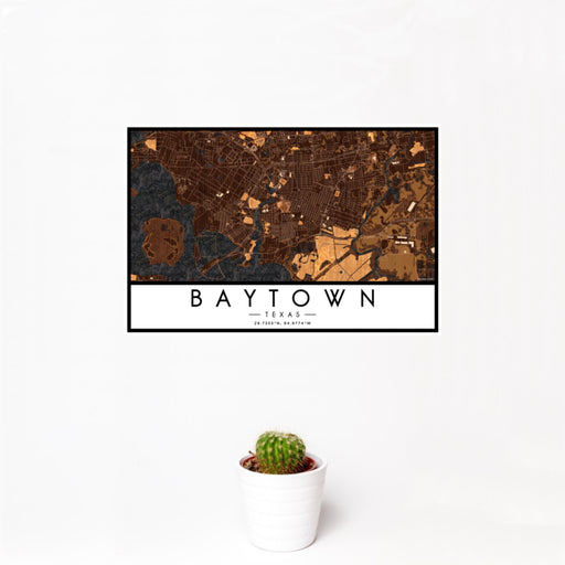 12x18 Baytown Texas Map Print Landscape Orientation in Ember Style With Small Cactus Plant in White Planter