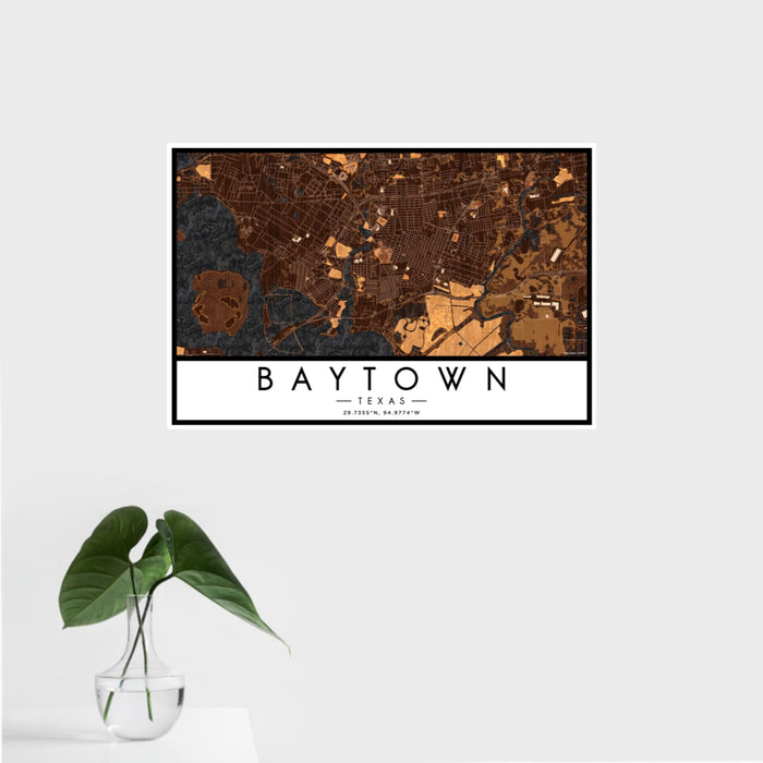 16x24 Baytown Texas Map Print Landscape Orientation in Ember Style With Tropical Plant Leaves in Water
