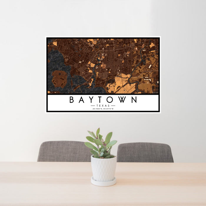 24x36 Baytown Texas Map Print Landscape Orientation in Ember Style Behind 2 Chairs Table and Potted Plant