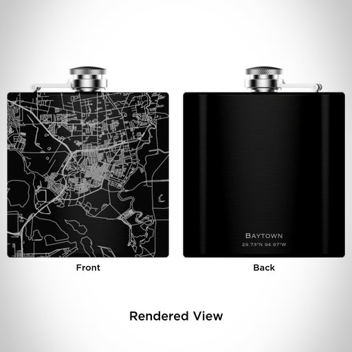 Rendered View of Baytown Texas Map Engraving on 6oz Stainless Steel Flask in Black