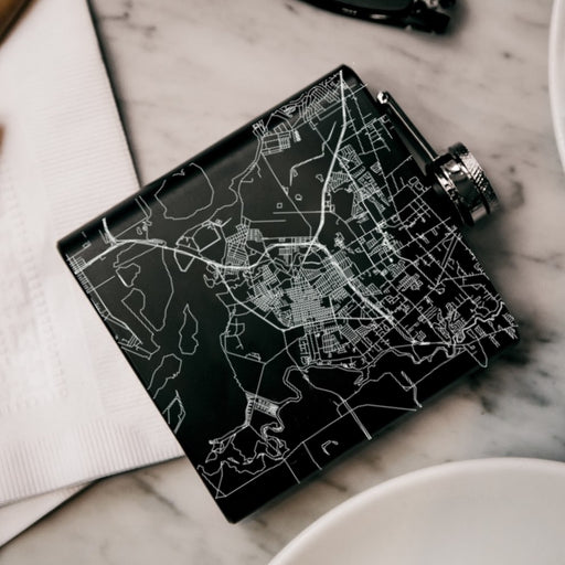 Baytown Texas Custom Engraved City Map Inscription Coordinates on 6oz Stainless Steel Flask in Black