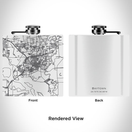 Rendered View of Baytown Texas Map Engraving on 6oz Stainless Steel Flask in White