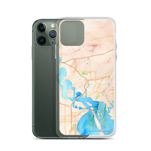 Custom Baytown Texas Map Phone Case in Watercolor on Table with Laptop and Plant